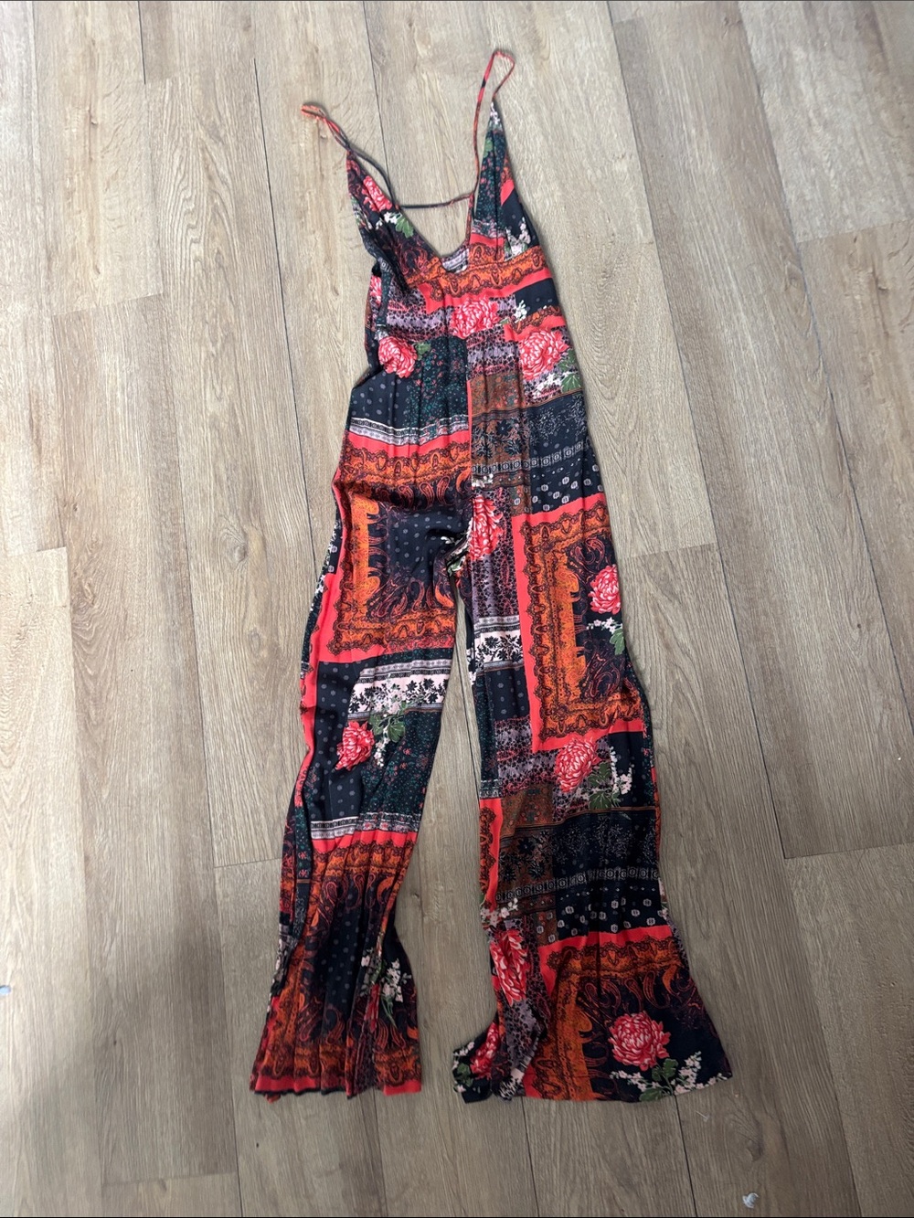 Free People Boho Red & Black Patchwork Floral Jumpsuit